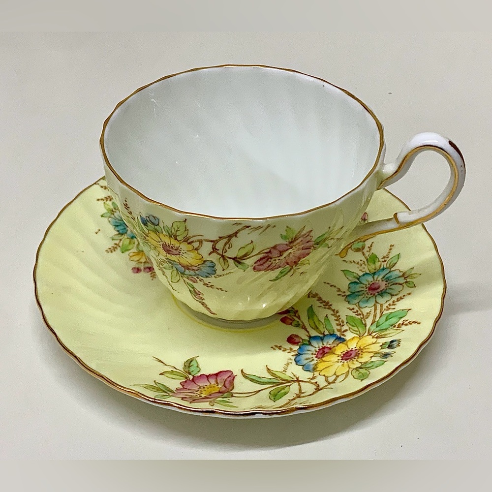 Vintage Gold Trim Yellow Floral EB FOLEY Bone China Swirl Ribbed Cup & Saucer